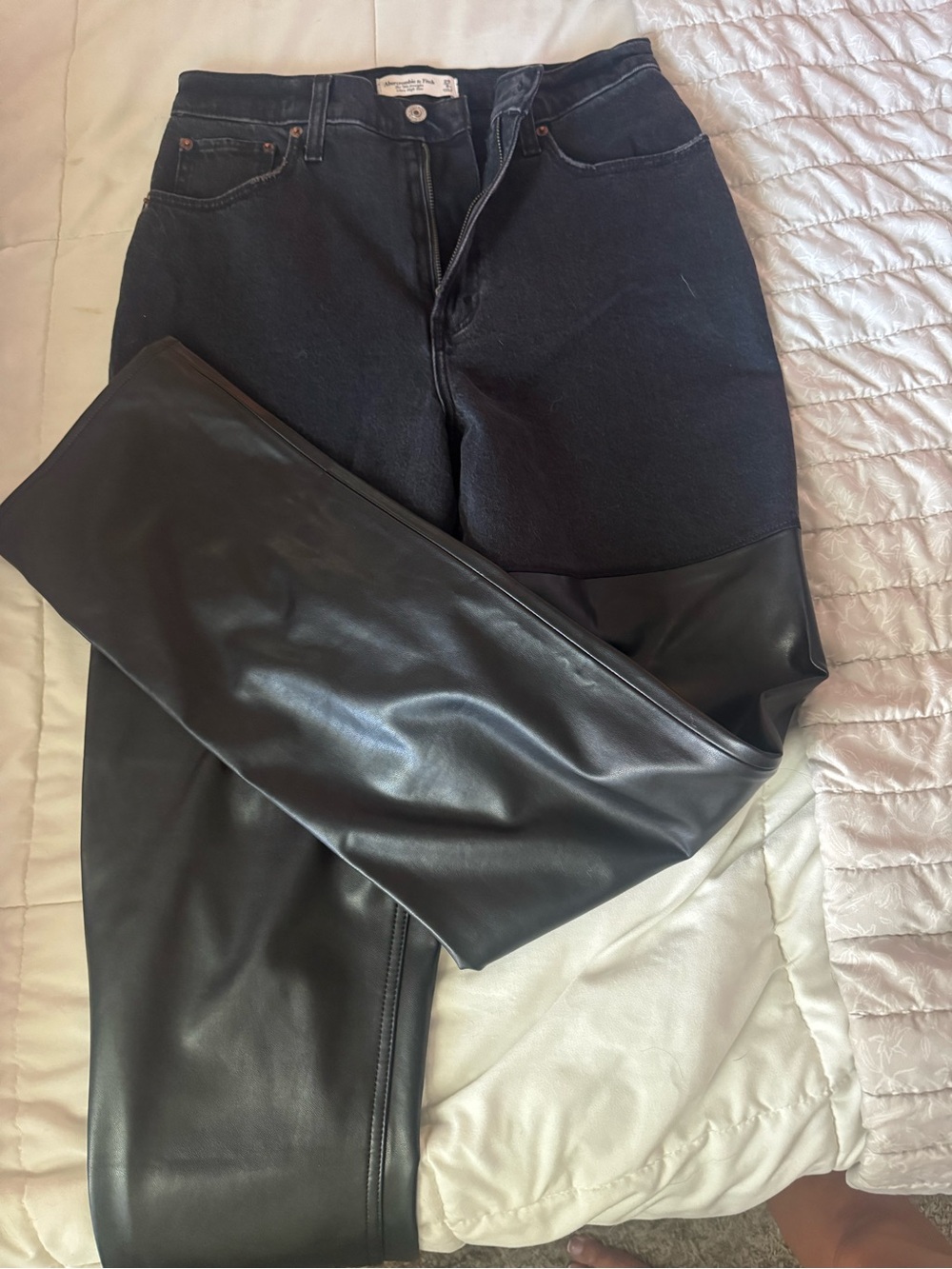 Abercrombie Black Two-Tone Faux Leather Panel Jeans - extra long